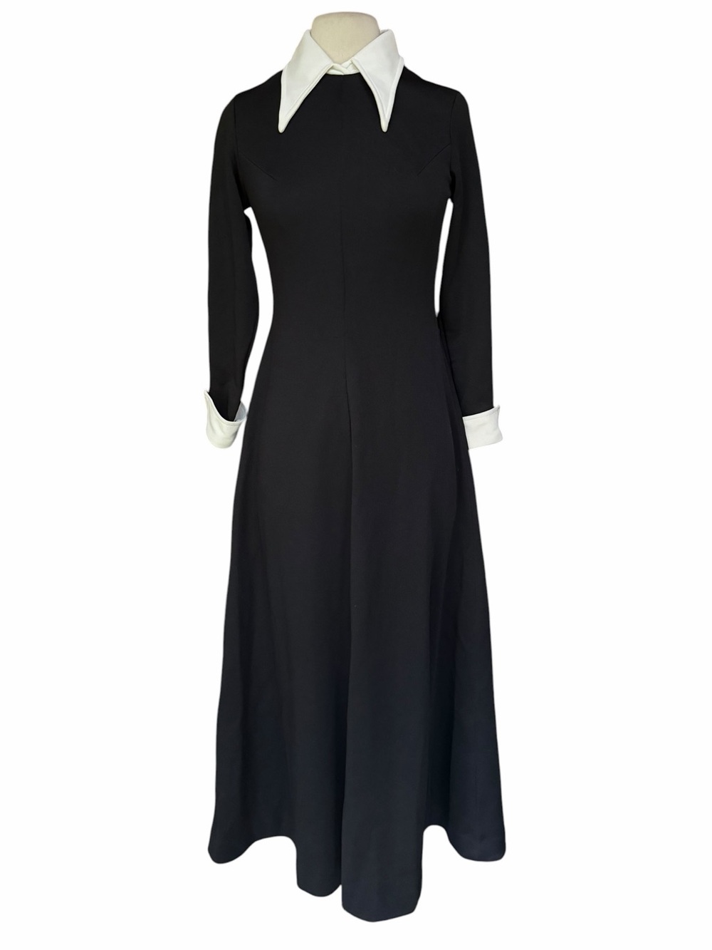 1970s does Late Victorian Revival Double Knit Poly Dagger Collar Maxi Dress